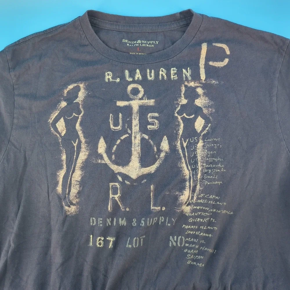 Denim & Supply Ralph Lauren Men Large Graphic Tee Navy Blue Anchor Single Stitch